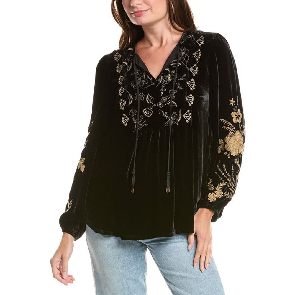 Johnny Was Womens Velvet Prairie Silk-Blend Blouse, Black